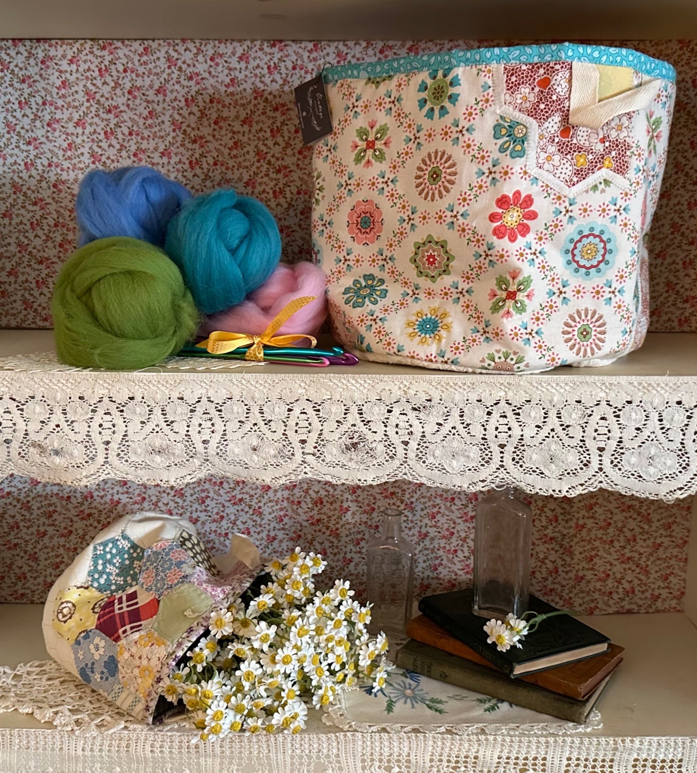 Quilted Basket-Bright Floral with Aqua Trim