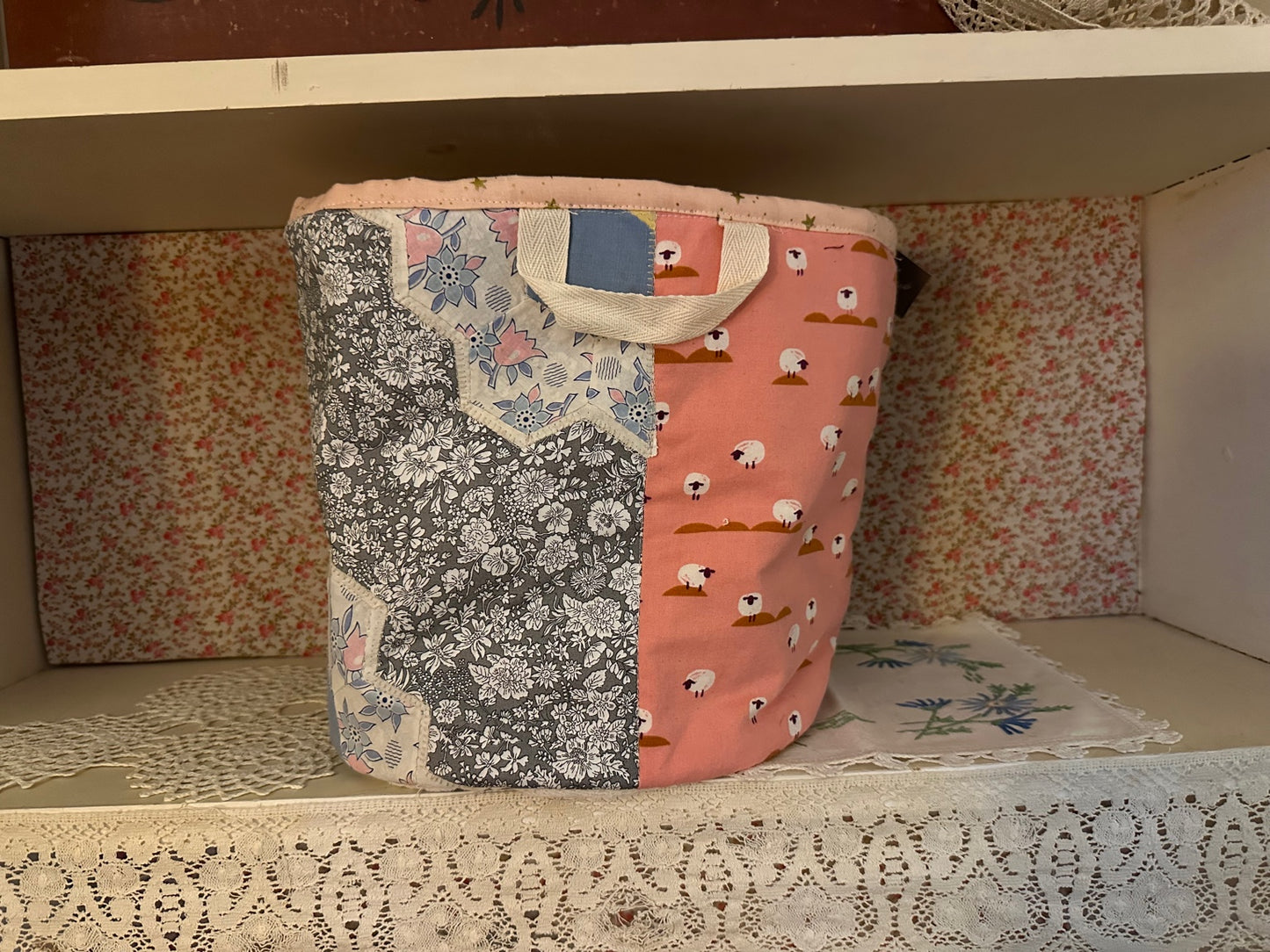 Quilted Basket-Grey Floral and Sheep Print