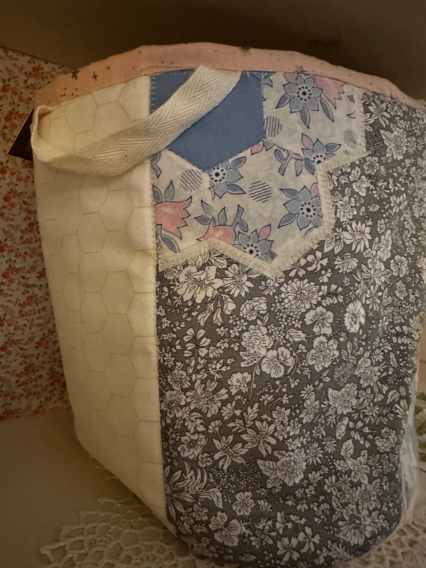 Quilted Basket-Grey Floral and Sheep Print