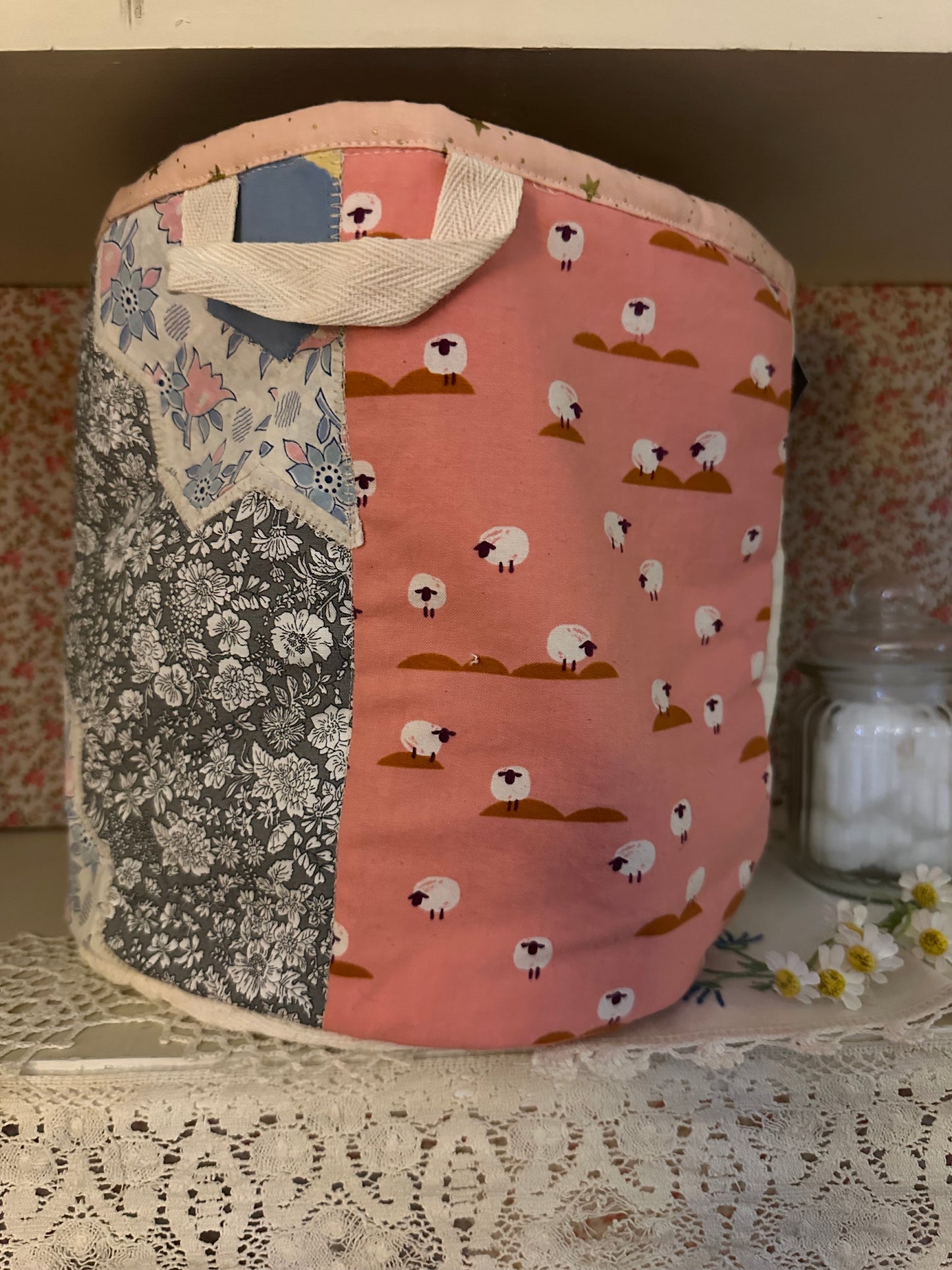 Quilted Basket-Grey Floral and Sheep Print