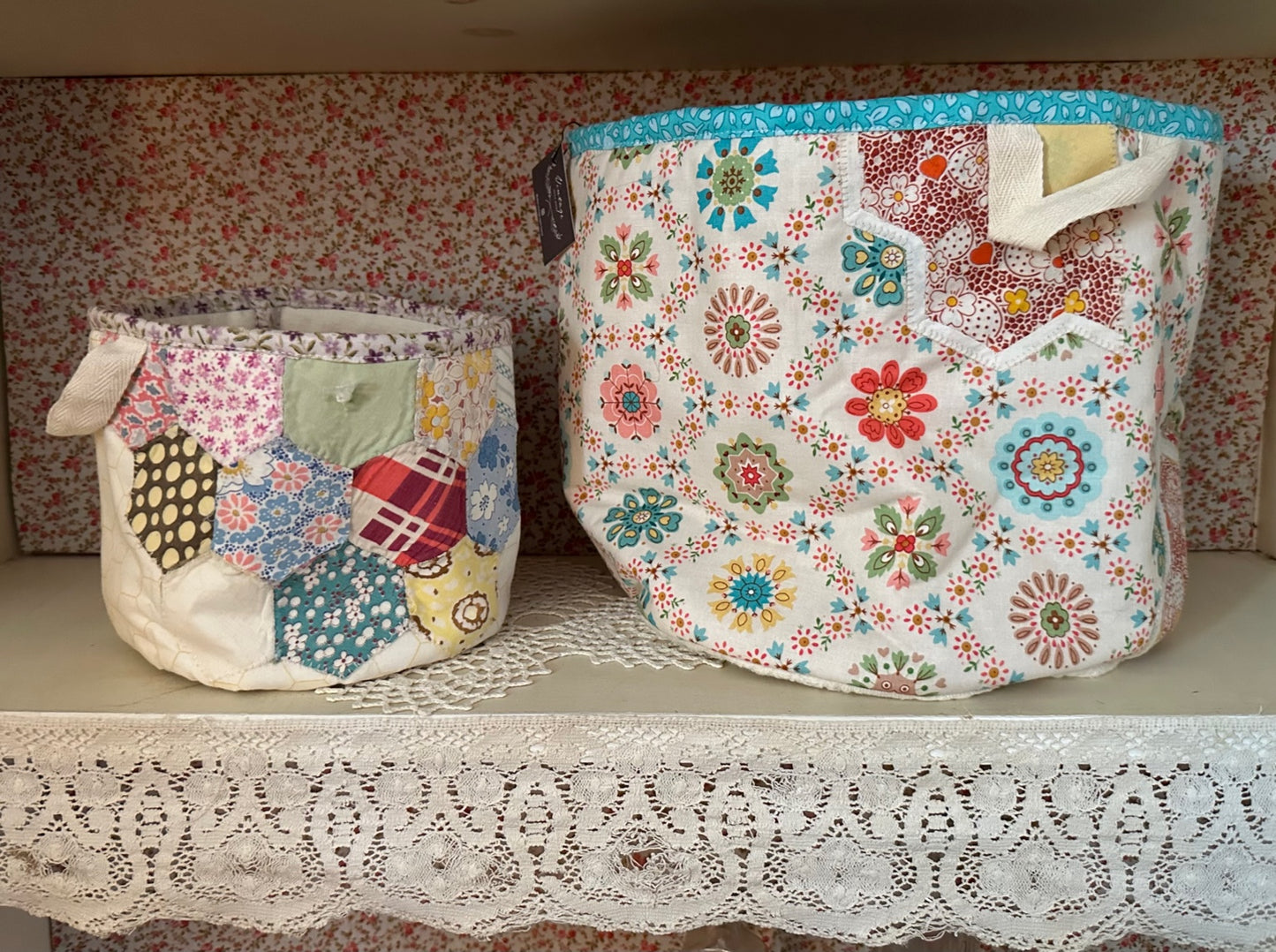 Quilted Basket-Bright Floral with Aqua Trim