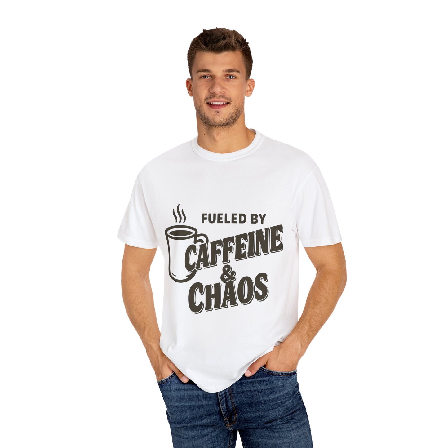 Fueled by Caffeine & Chaos Tee – Comfort Colors® Unisex white t-shirt