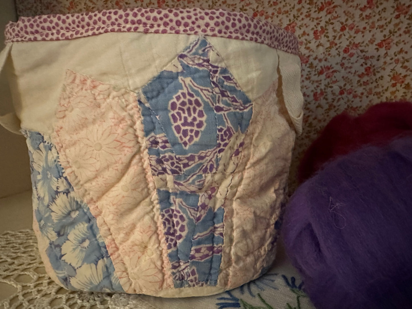 Quilted Basket-Blue and Purple Feed Sack