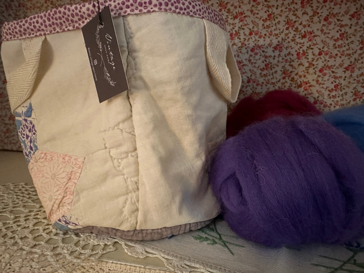 Quilted Basket-Blue and Purple Feed Sack