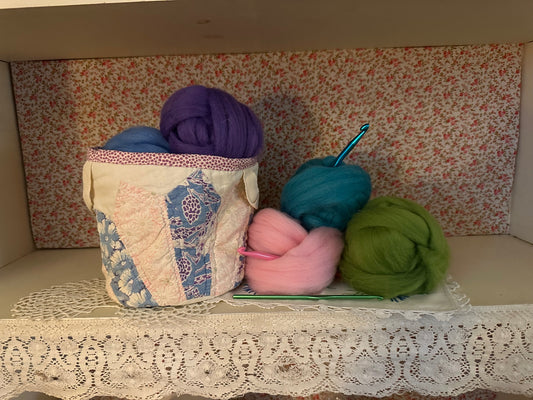 Quilted Basket-Blue and Purple Feed Sack