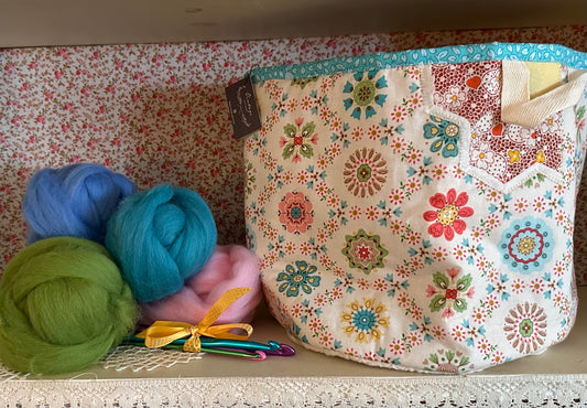 Quilted Basket-Bright Floral with Aqua Trim